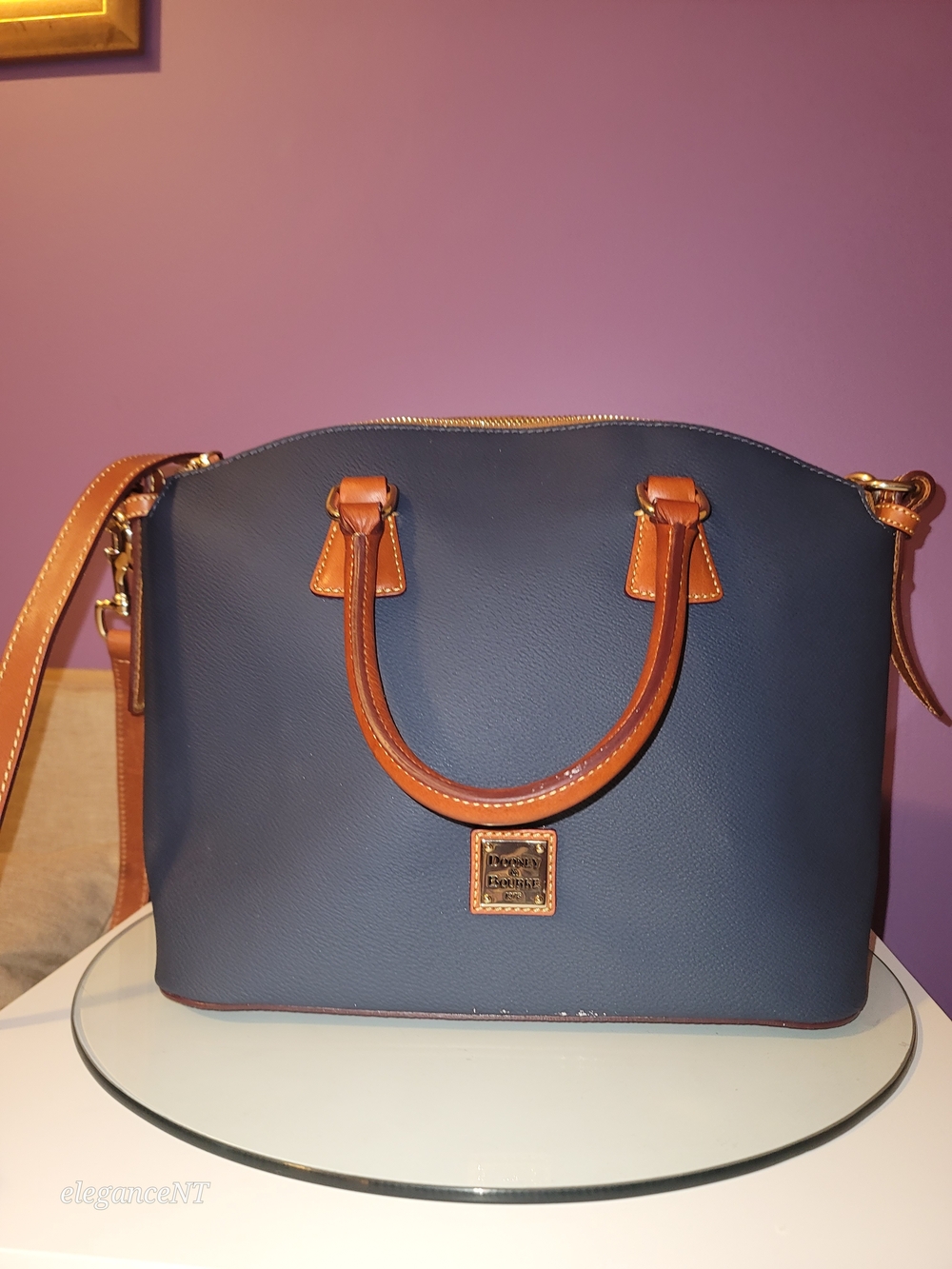 Dooney & Bourke Navy Kirby Domed Satchel Leather with Tan Trim - Picture 6 of 17